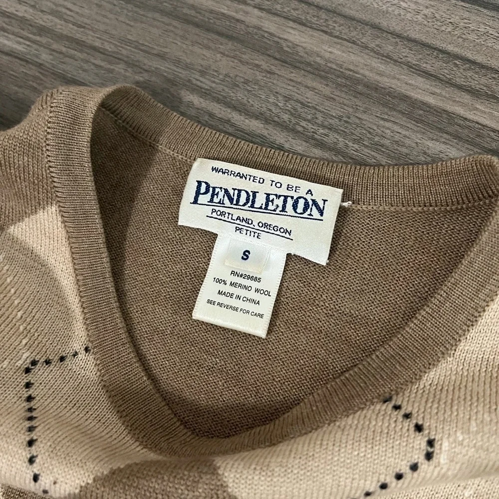 Pendleton Womens Petite S‎ Argyle Merino Wool Sweater Brown Tan Crew Neck 2198